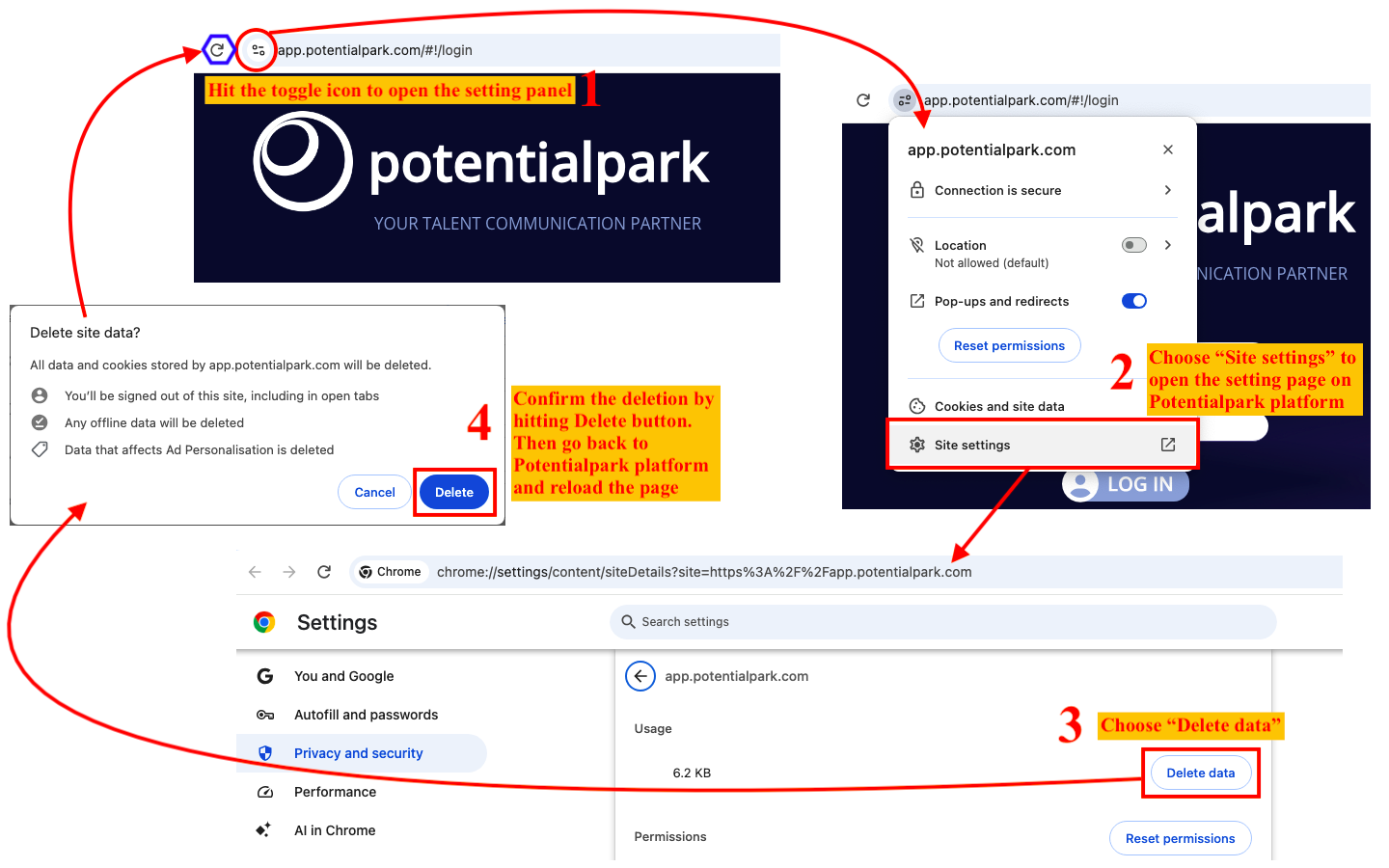Clear browser history on Potentialpark platform